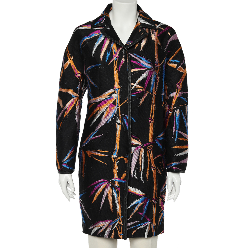 Emilio Pucci Black Leaf Jacquard Button Front Oversized Coat S