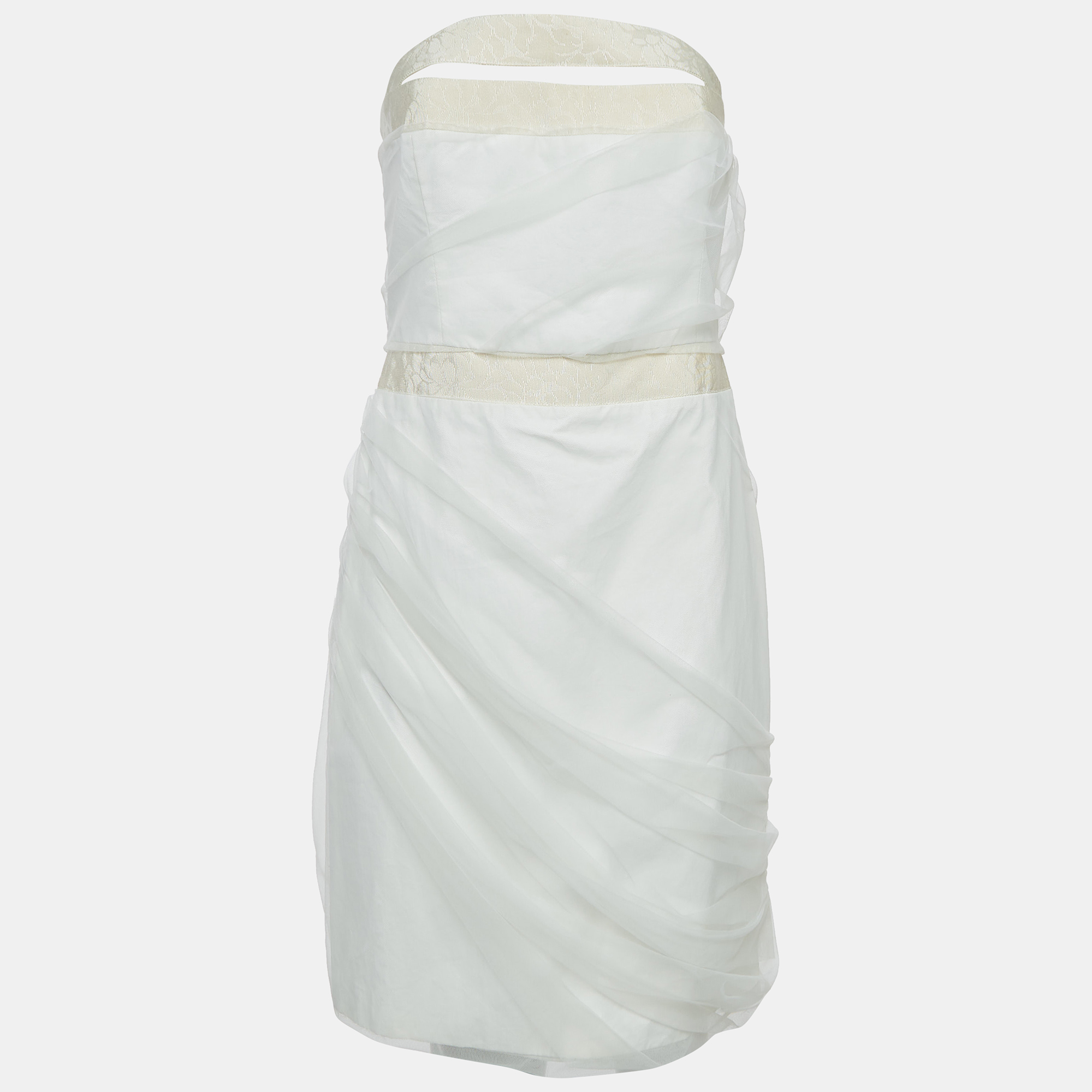 Emporio Armani Off White Tulle Ruched Halter Neck Mini Dress S