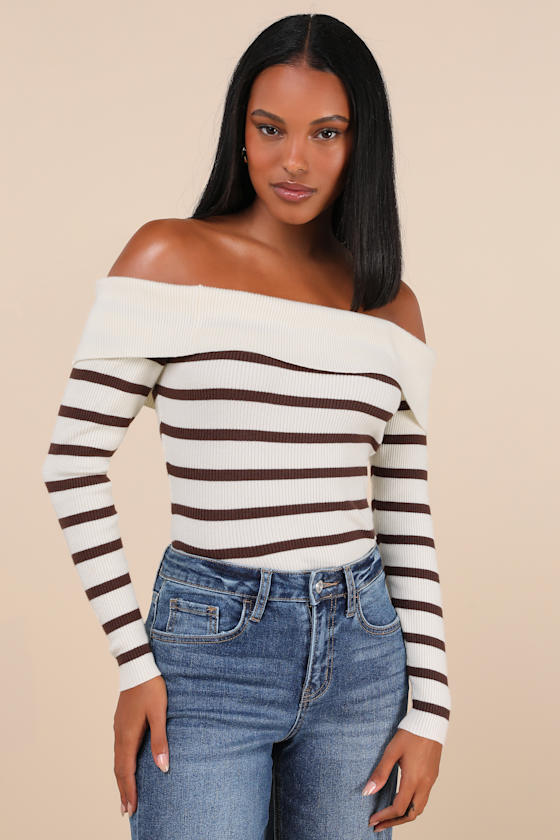 Endearing Appeal Cream Striped Ribbed Knit Off-the-Shoulder Top