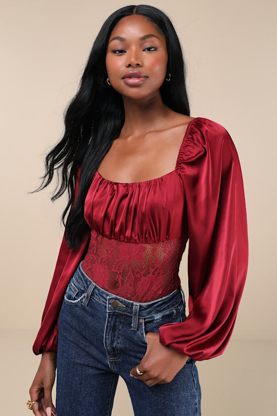 Endless Aura Wine Red Satin Balloon Sleeve Sheer Lace Bodysuit