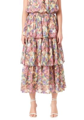 Endless Rose Women's Floral Tiered Maxi Skirt, Yellow, XS