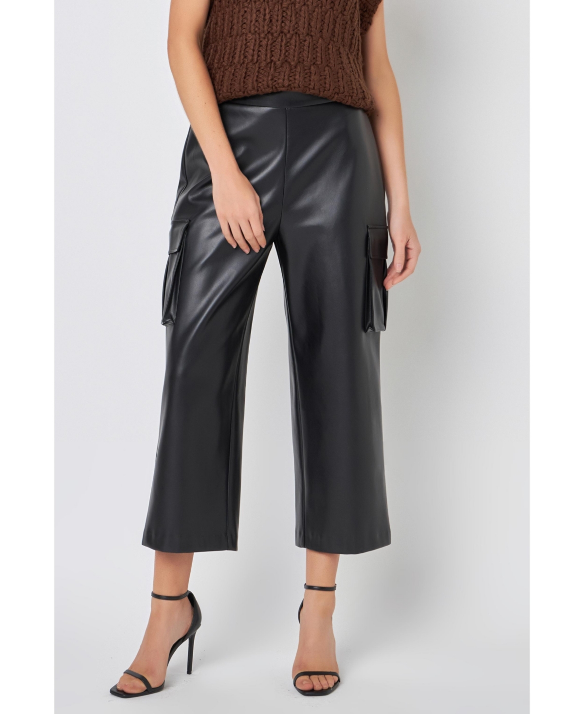 English Factory Women's Faux Leather Cropped Cargo Pants - Black