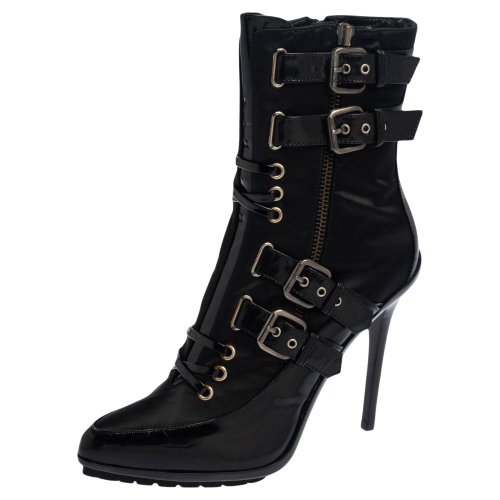 Enio Silla For Le Silla Black Patent Leather And Nylon Platform Ankle Boots Size 39.5