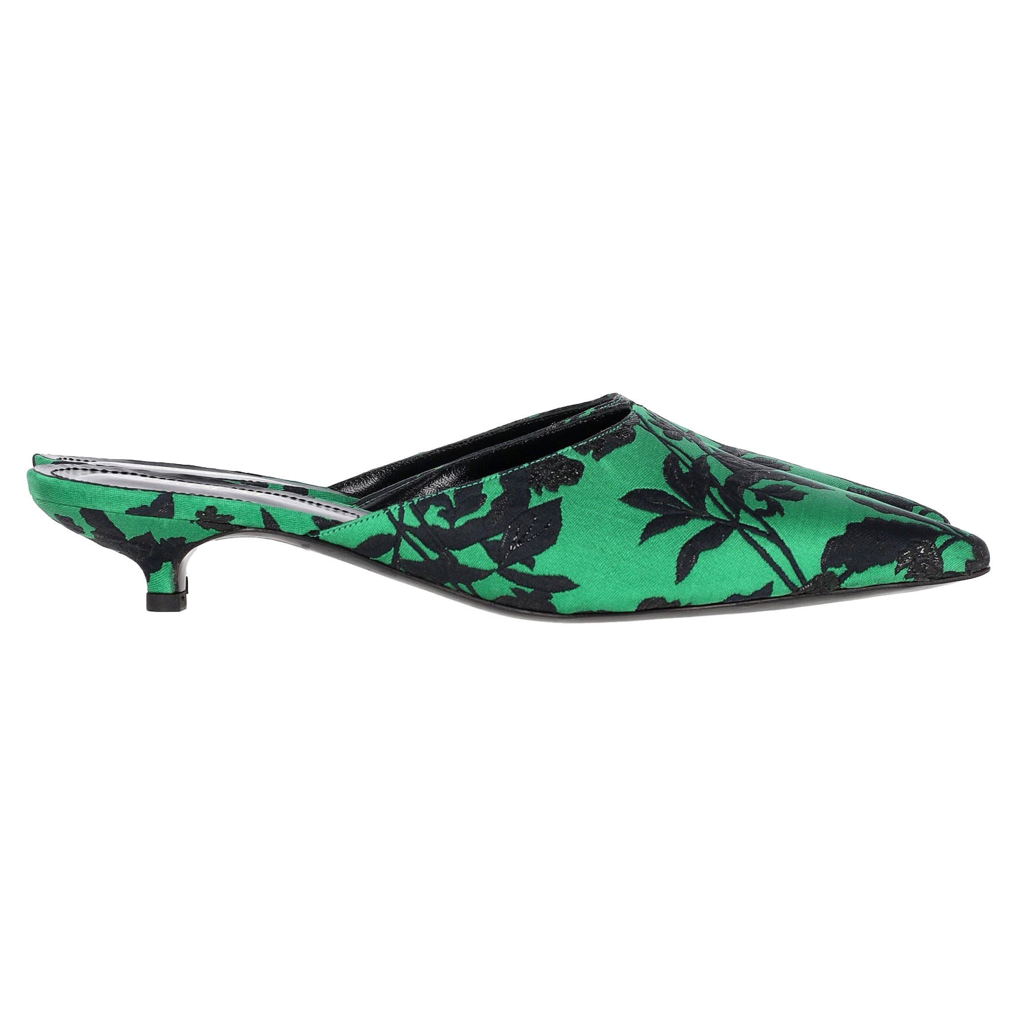 Erdem Kitten Heel Mules in Green Satin