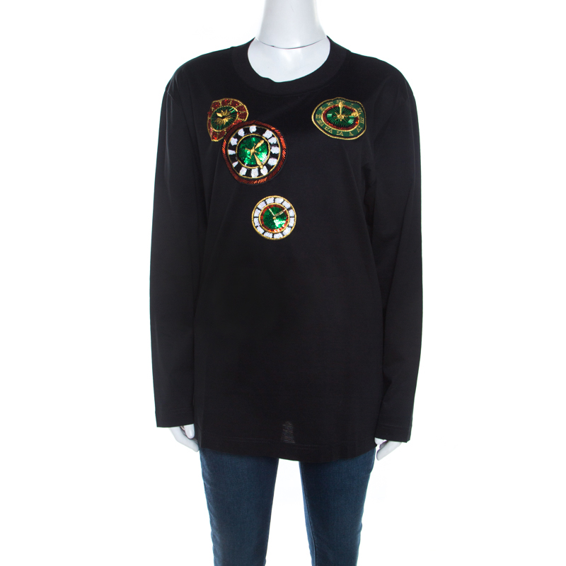 Escada Black Rib Knit Cotton Embellished Clock Applique Long Sleeve Top L