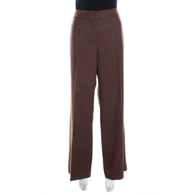 Escada Camel Brown Stretch Wool Wide Leg Hose Tailored Trousers L