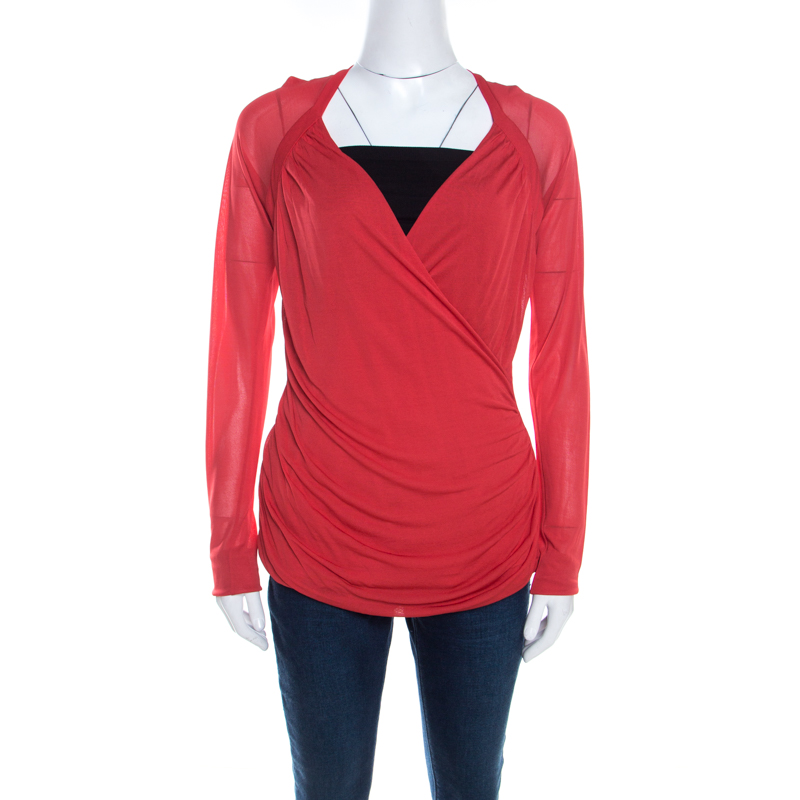 Escada Lipstick Red Stretch Knit Draped Faux Wrap Bodice Top M