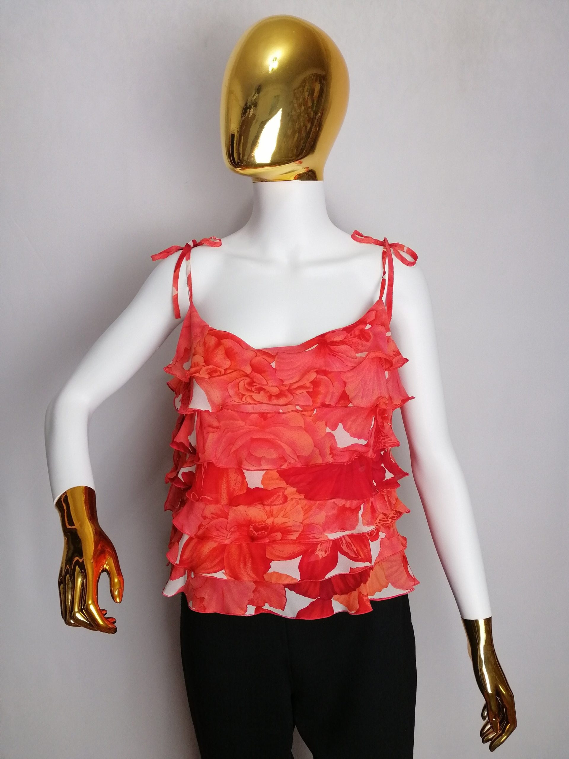 Escada Womens Silk Top, Floral Print Chiffon Blouse, Ruffled Summer Crop Y2K Designer Camisole Sleeveless Red Tank Size Xl