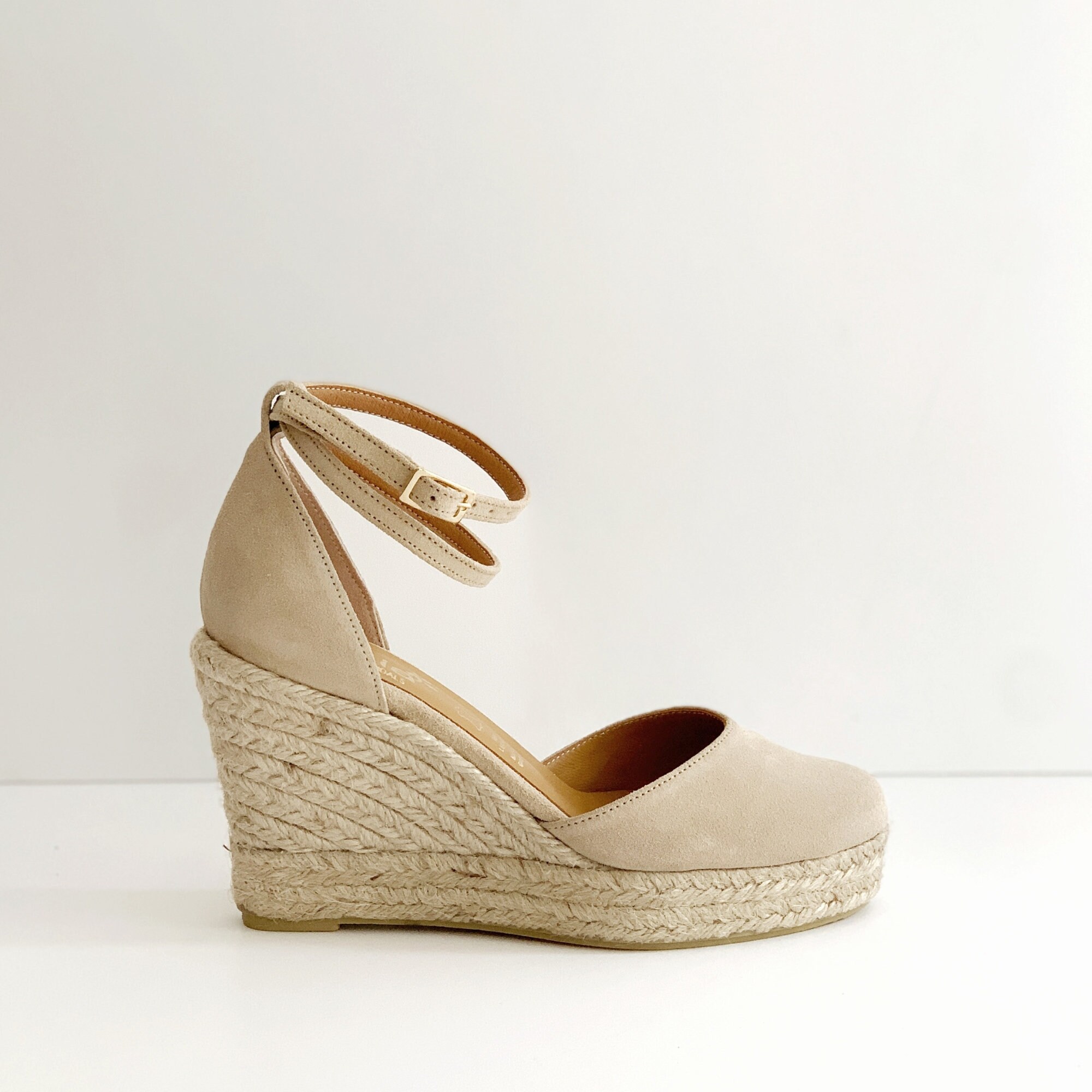 Espadrilles Beige Suede Leather Handmade in Greece By Aelia Tan Authentic For Women, Wedge Beige Women Shoes