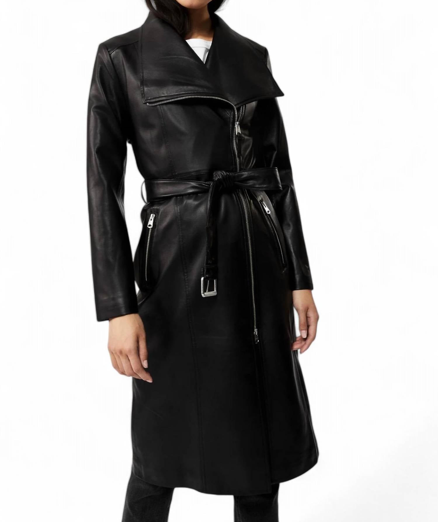 Estela Tailored Leather Trench Coat In Black