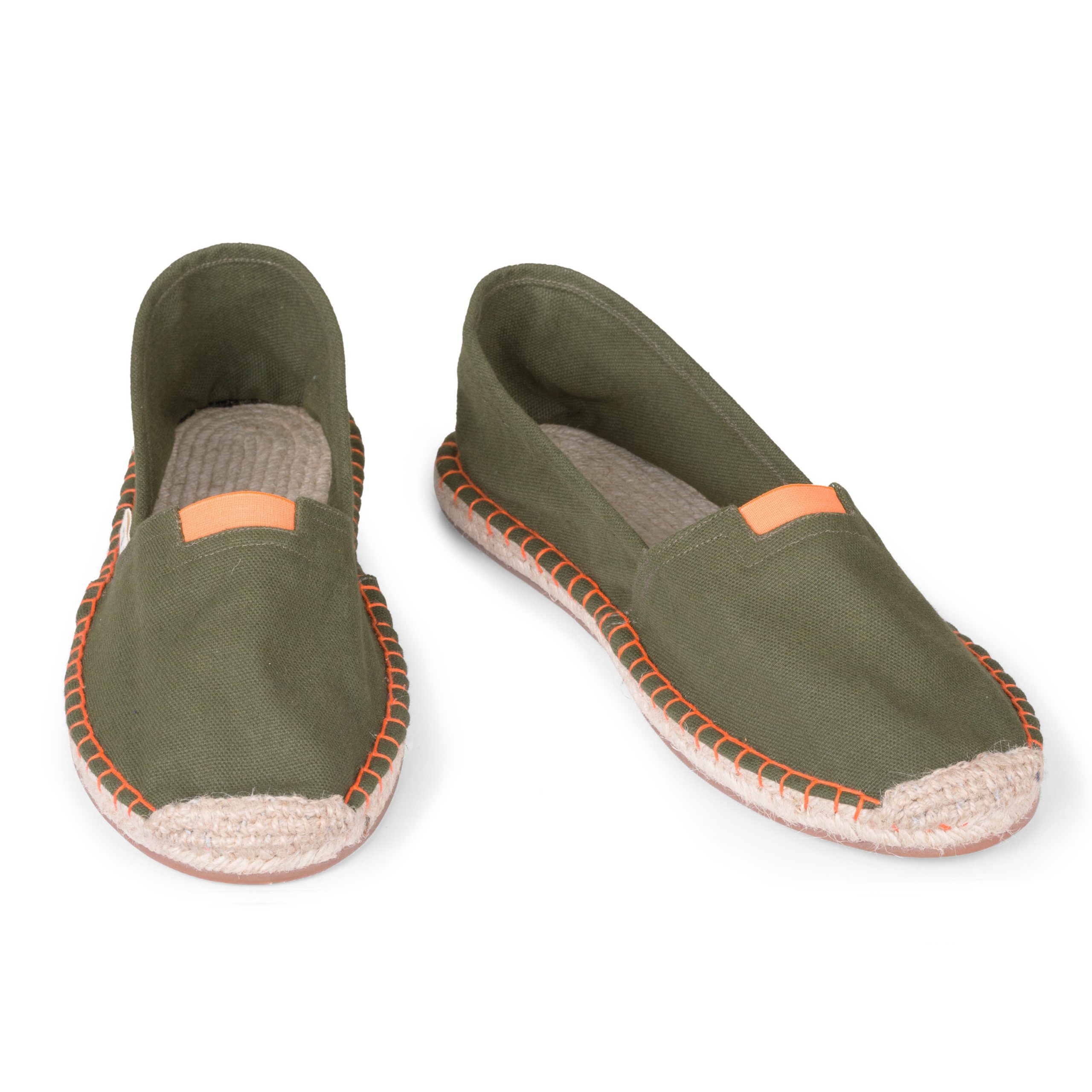 Ethically Handmade Espadrilles | Khaki Green Cotton With Orange Detail. Extrafit For High Instep. Biodegradable & Vegan