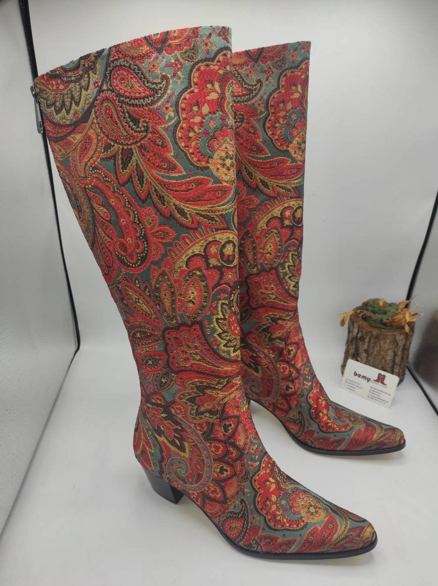 Ethnic Pattern Cowboy Boots, Suzani Genuine Leather Tapestry Knee High, Comfy For Her, Pointy Toe, Made To Order