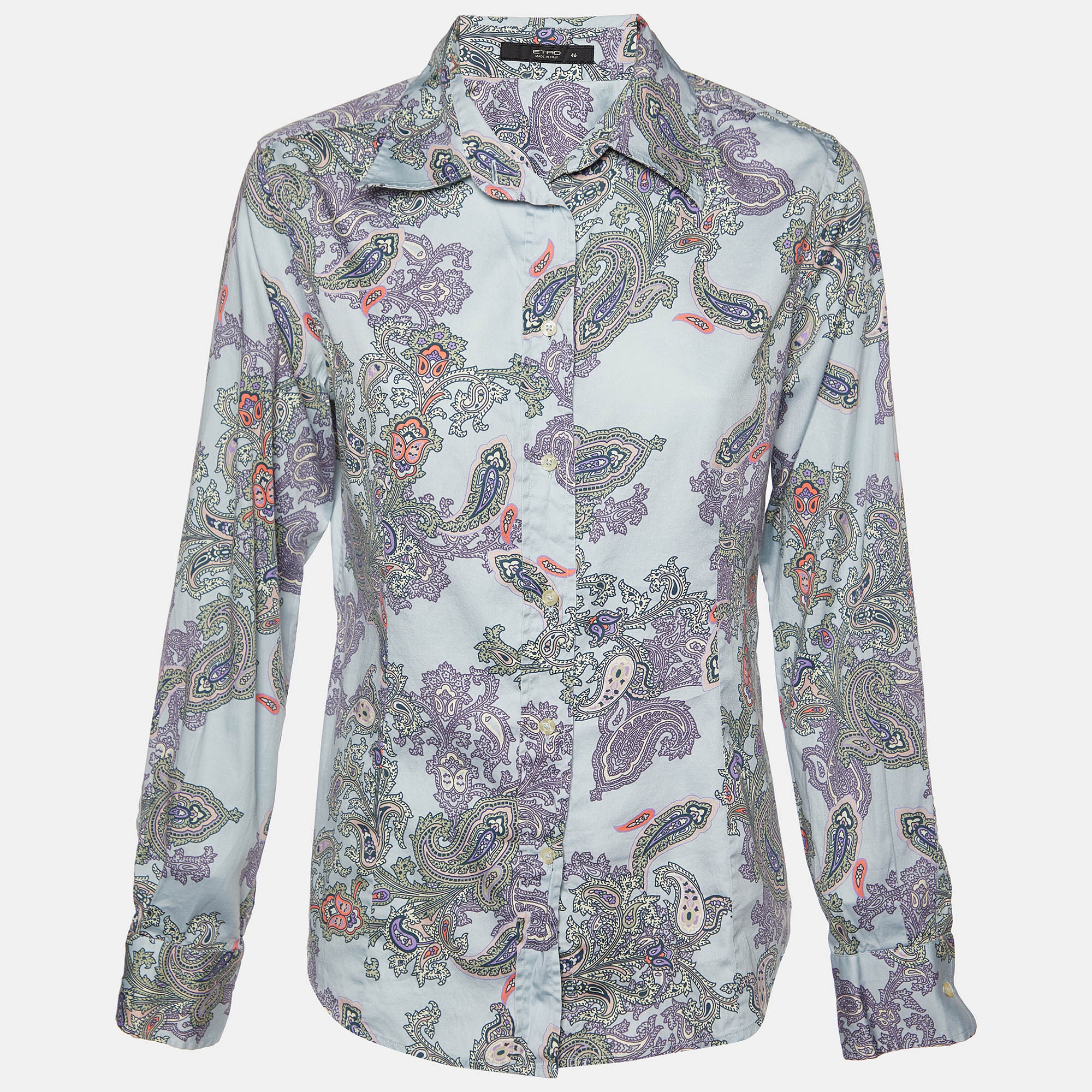 Etro Blue Paisley Print Cotton Buttoned Up Shirt L