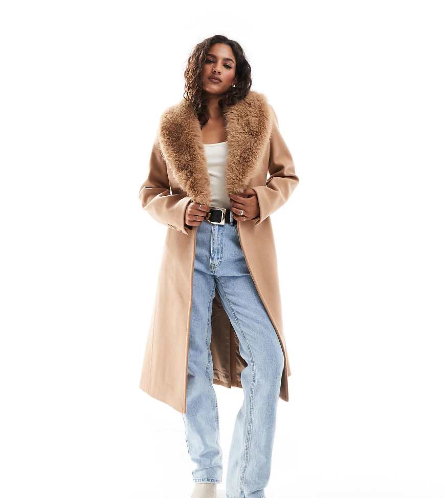 Ever New Petite faux fur collar coat in camel-Neutral