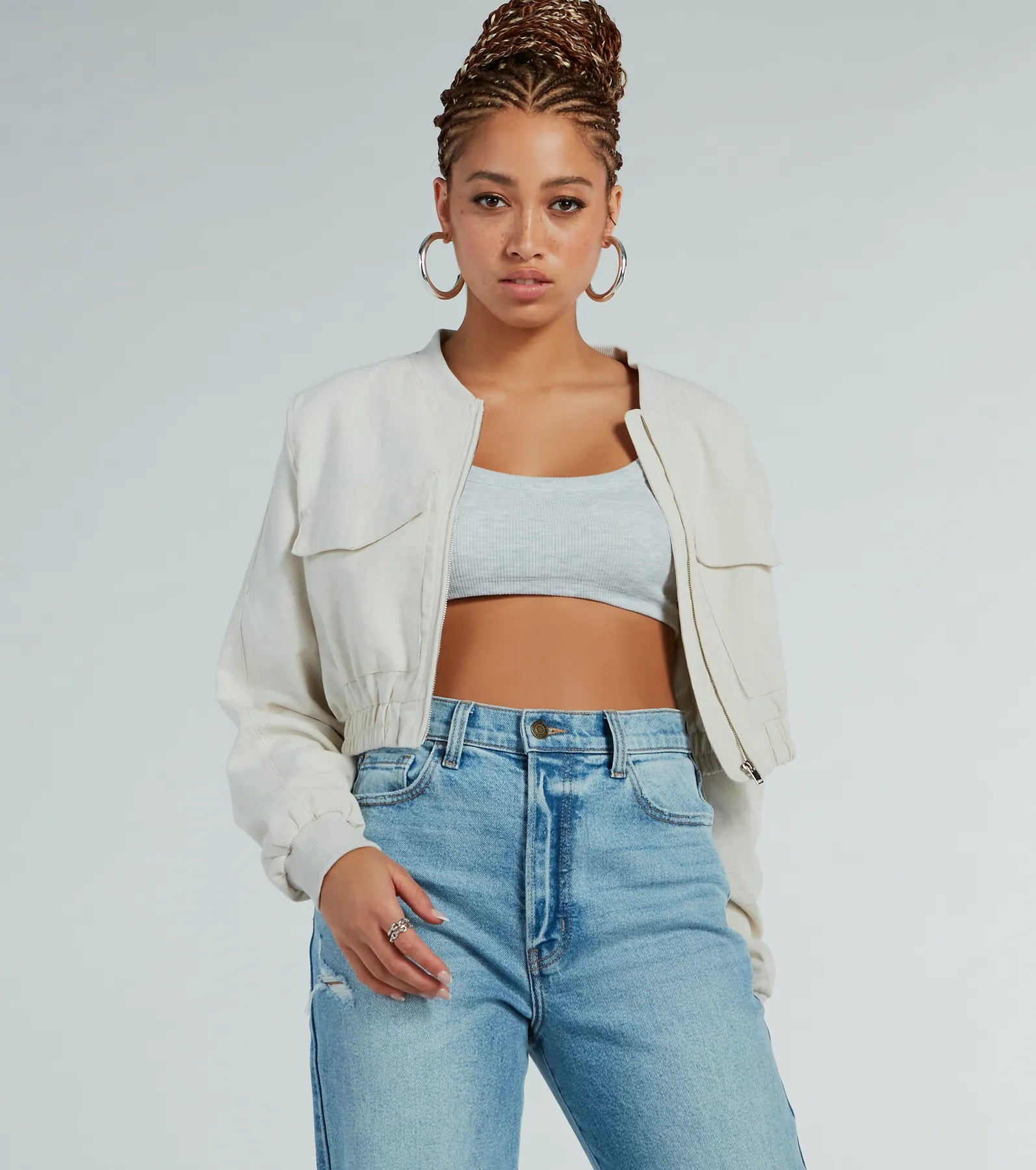 Everyday Cute Crop Linen Bomber Jacket