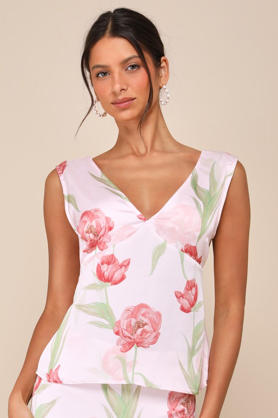 Exceptional Darling Blush Pink Floral Satin V-Neck Tank Top