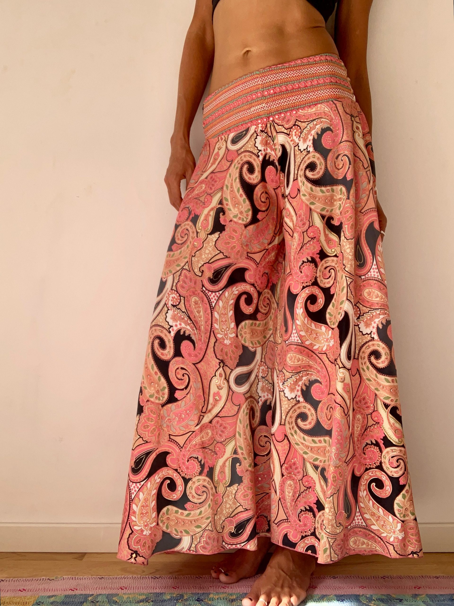 Extra Wide Bell Trousers Summer Party Loose Flared Bottoms Comfy Silky Hippie Maxi Skirt Pants Embroidered Belt Boho Chic Palazzo