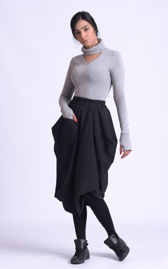 Extravagant Asymmetric Skirt/Black Loose Skirt/Knee Length Skirt With Pocket/Elastic Waist Black Skirt/Casual Everyday Metsk0028