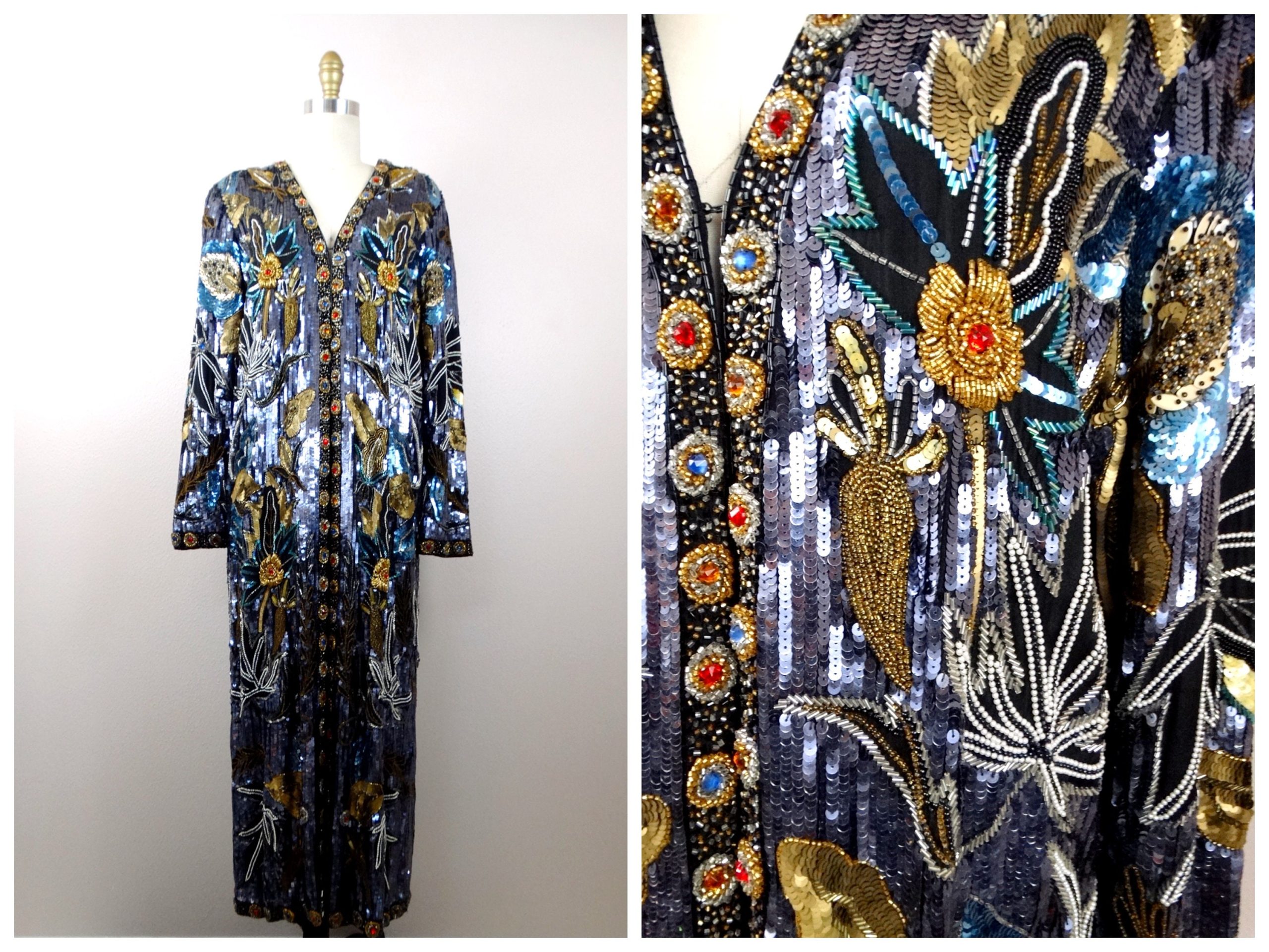 Extravagant Sequined Duster Robe // Glam Jewel Beaded Sequin Dress Coat Fully Embellished Silk Floor Length Jacket