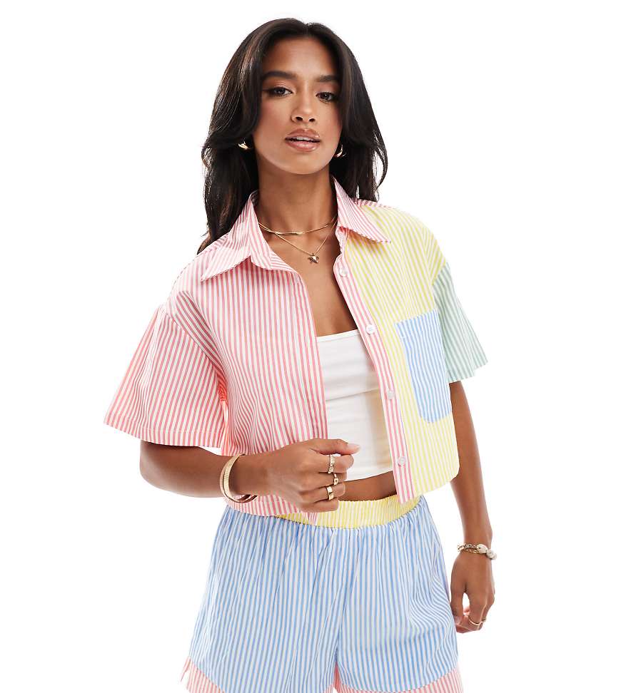 Extro & Vert Petite patchwork shirt in pastel stripe - part of a set-Multi