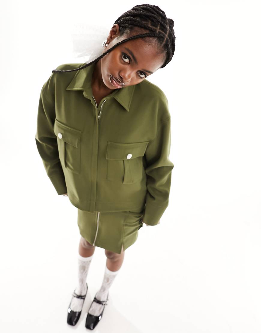 Extro & Vert collared zip up utility jacket in khaki - part of a set-Green