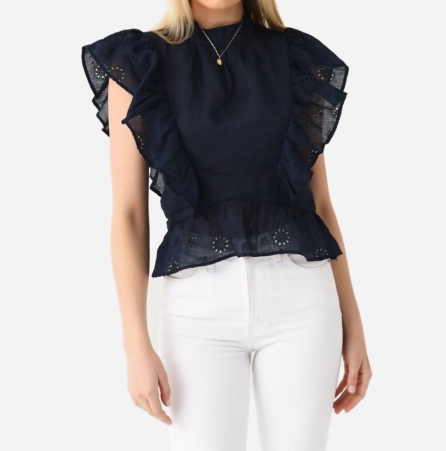 Eyelet Peplum Top In Navy