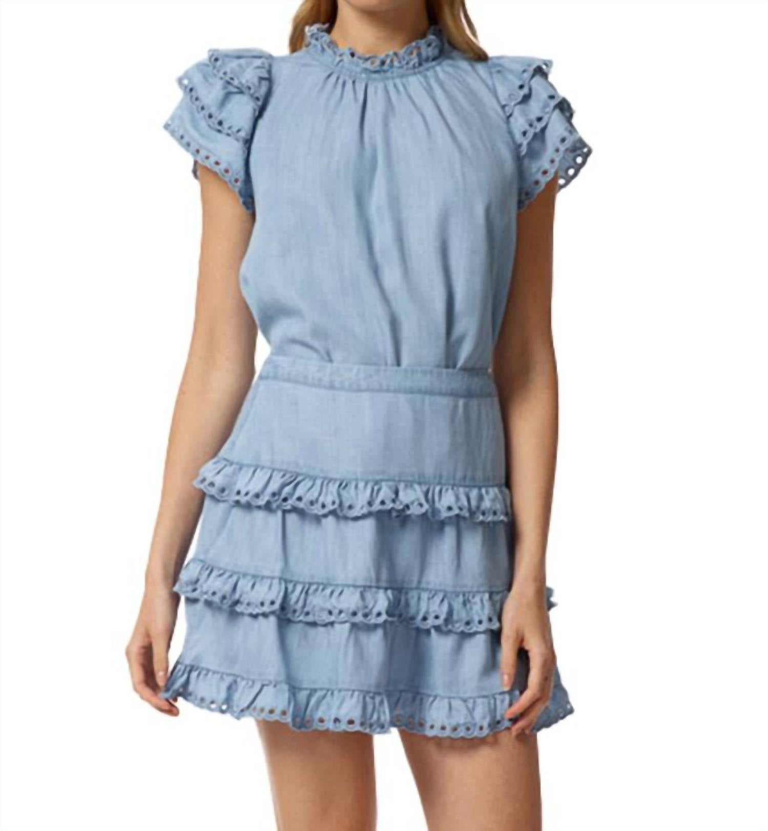 Eyelet Trimmed Tiered Mini Skirt In Denim