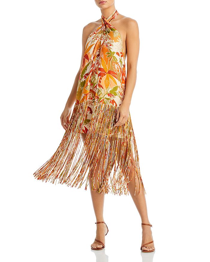 FARM Rio Women Leopard Forest Sand Halter Neck Fringe Mini Dress Orange Print