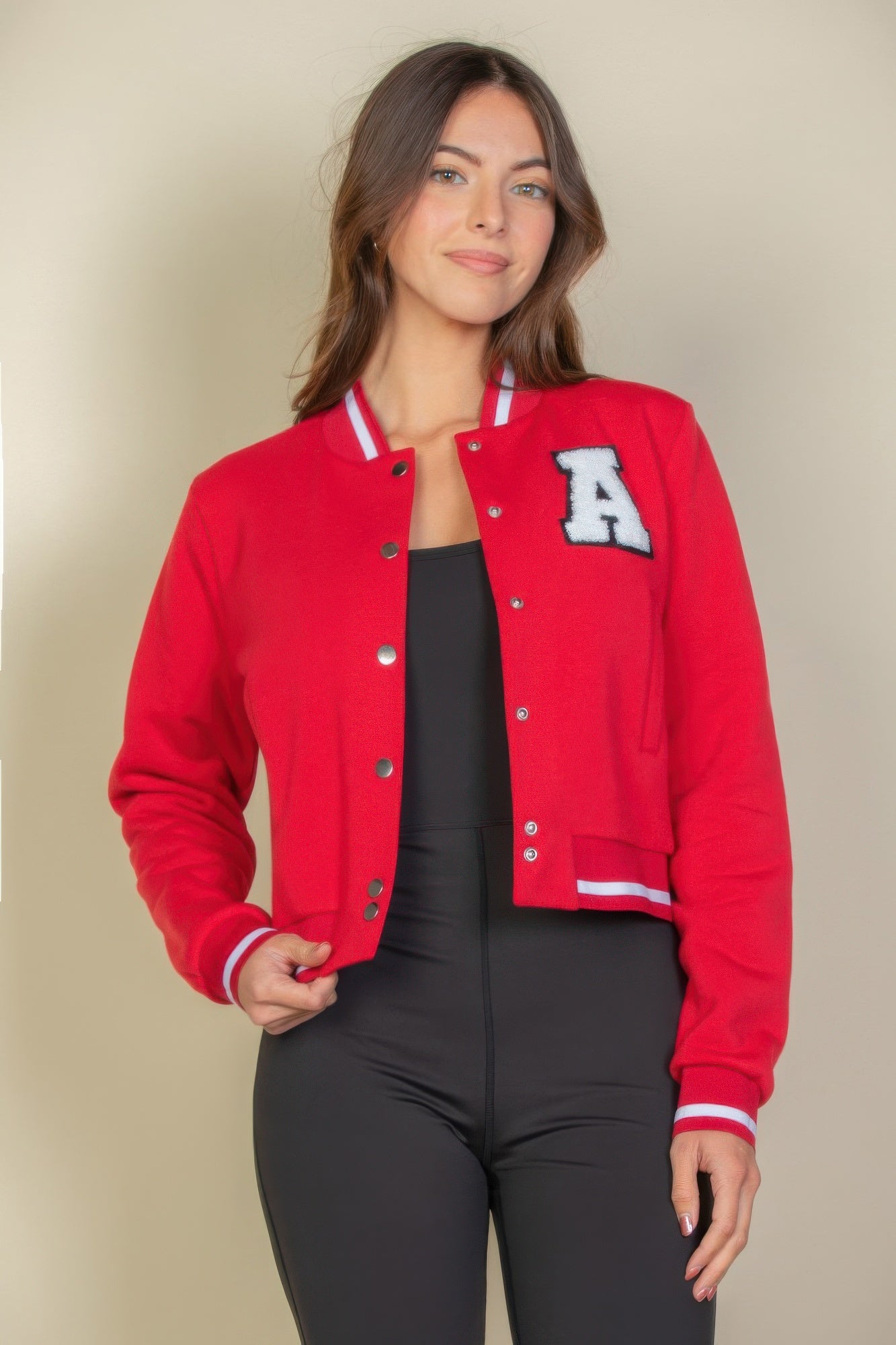 FASHNZFAB Women's Ezwear Letter Patched Crop Varsity Jacket