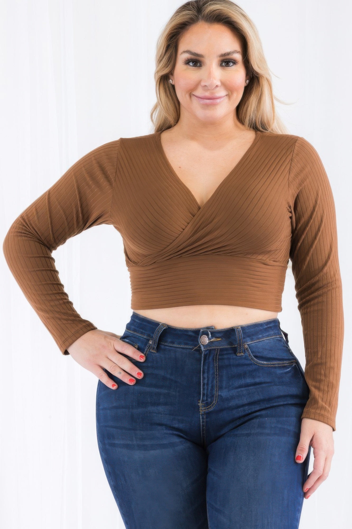 FASHNZFAB Women's Plus Size Ribbed Wrap Front Long Sleeve Top