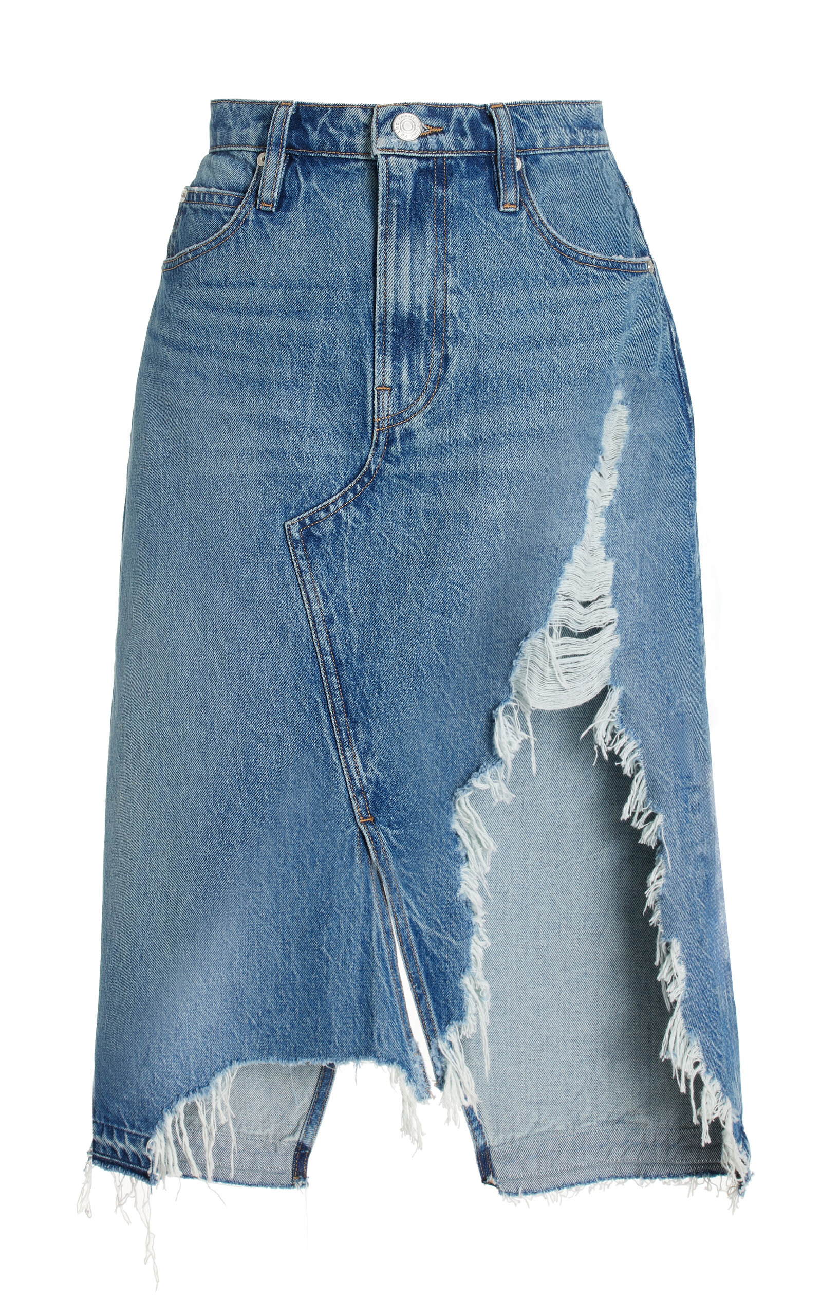 FRAME - Deconstructed Frayed Denim Midi Skirt - Blue - 26 - Moda Operandi