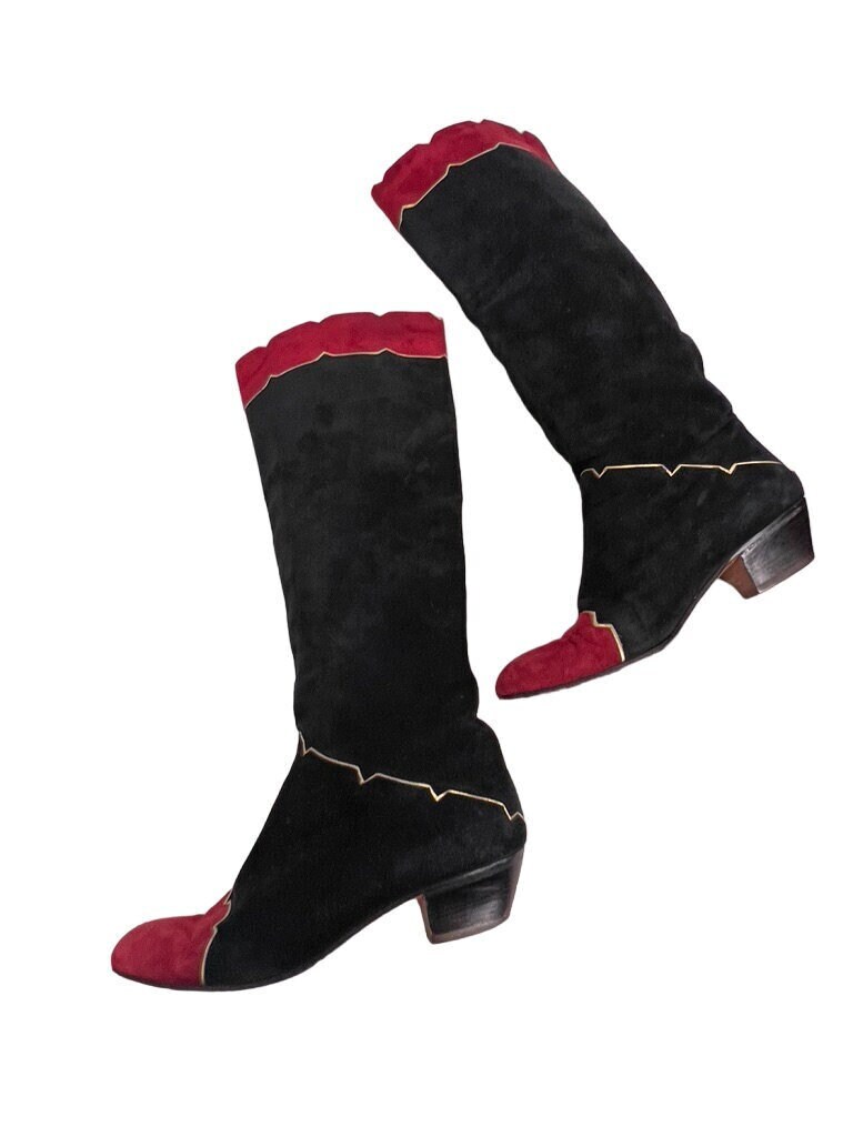 Fab Vintage 80S Bally Black Red & Metallic Gold Suede Boots Sz 6.5