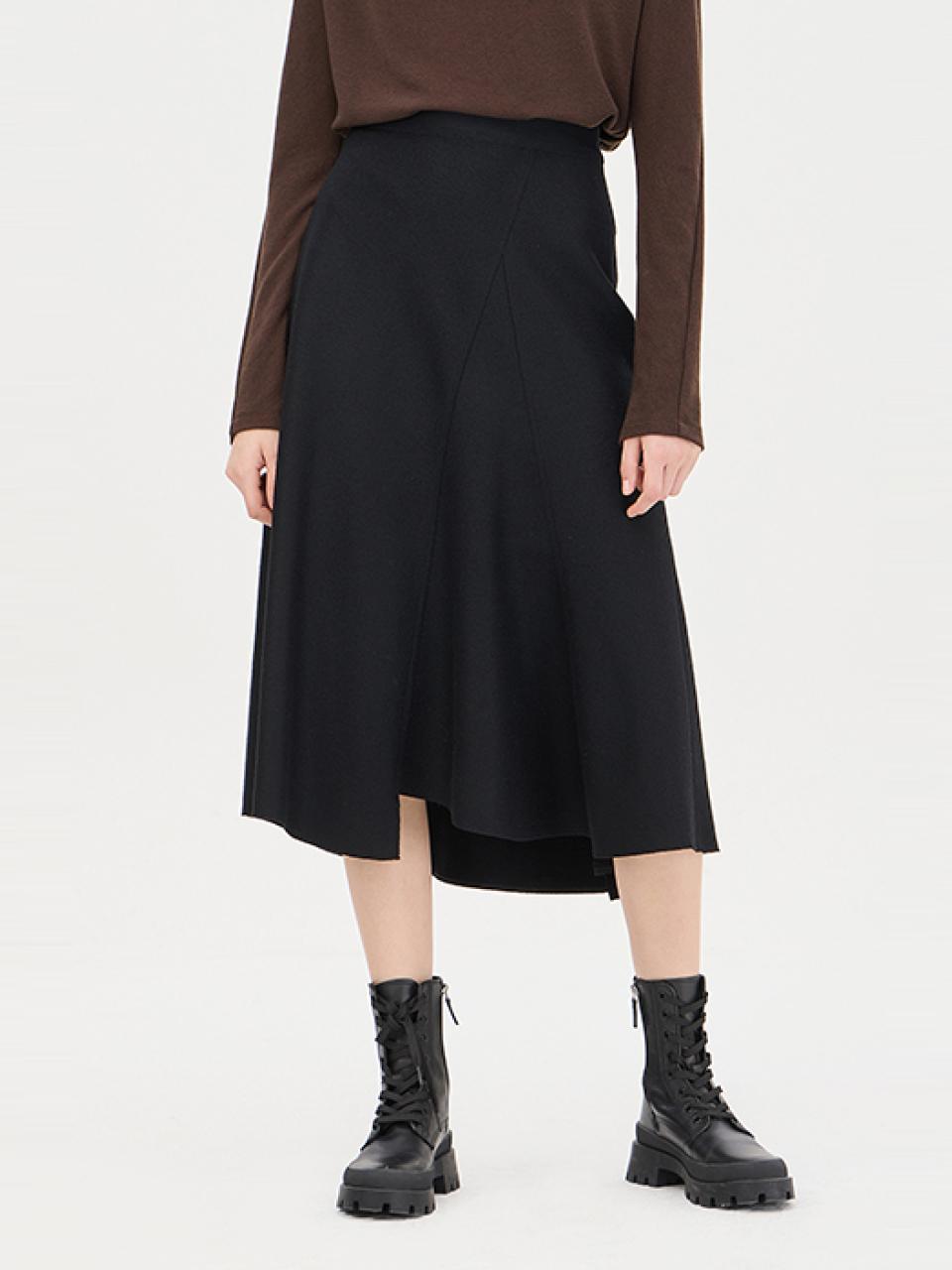 Fair Cut Wool Asymmetrical Flare Skirt [Black] (SASK37461BK)