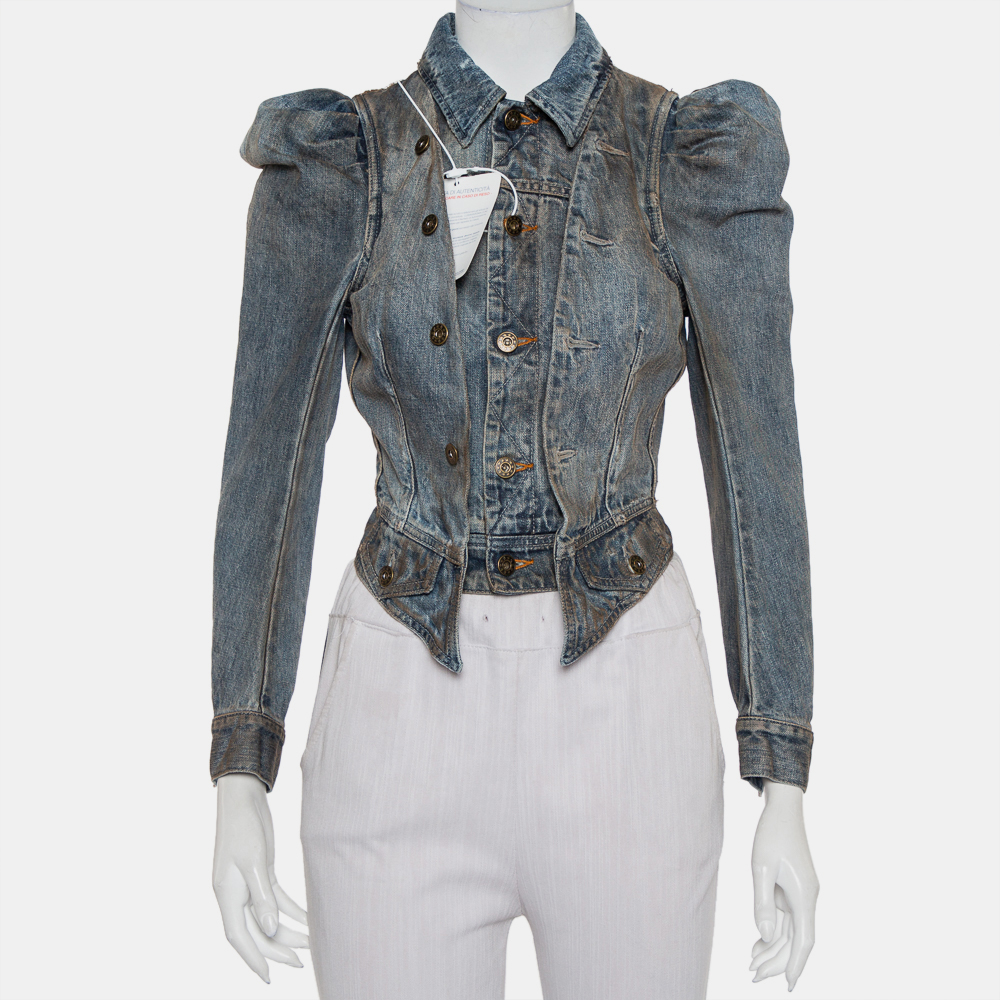 Faith Connexion Blue Denim Muddy Distressed Victorian Jacket XXS