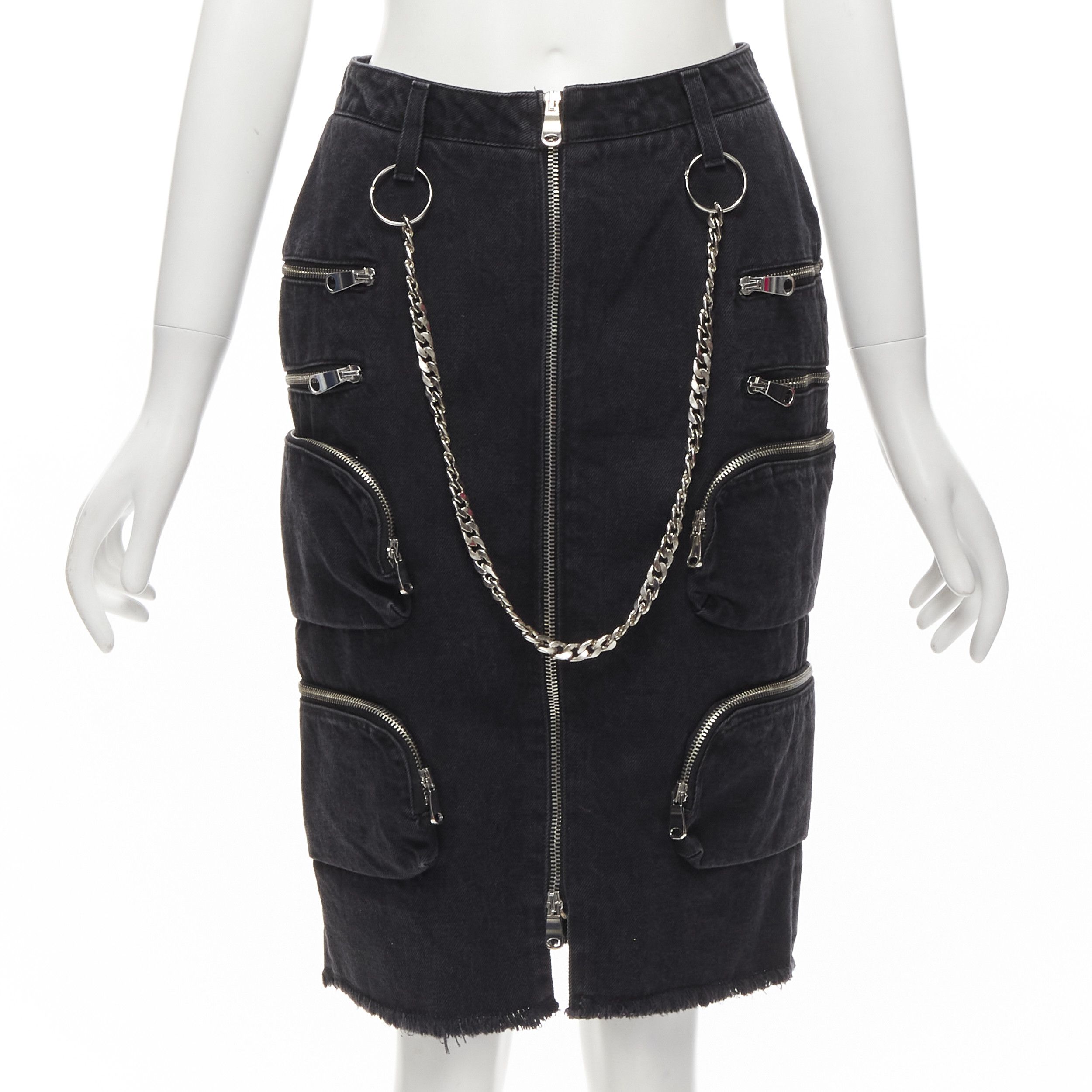 Faith Connexion Ntmb Black Denim Cotton Punk Chain Multi Pockets Skirt Xs, Women's (Size 27)