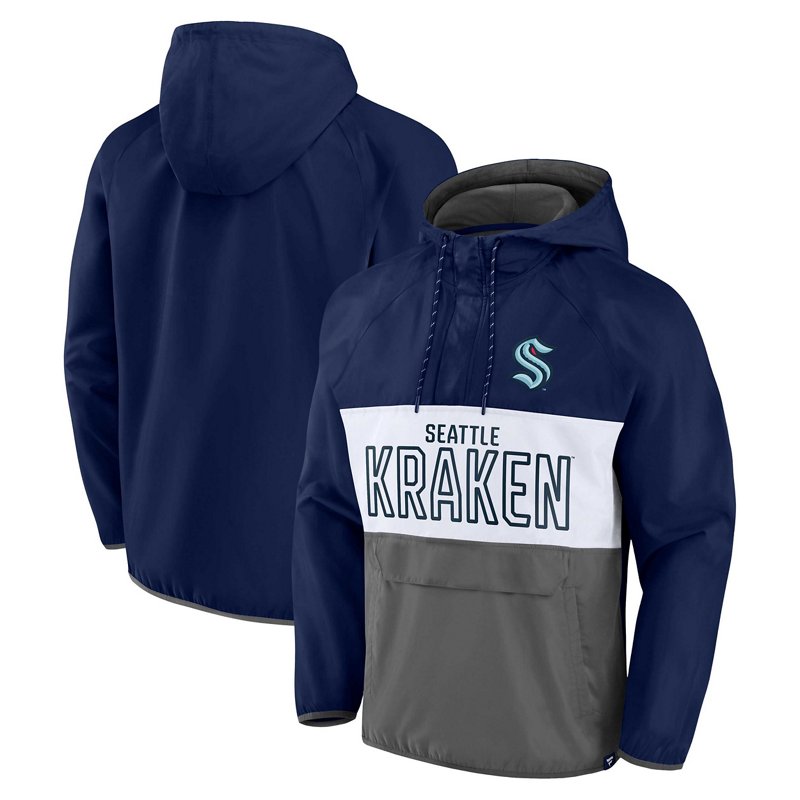 Fanatics Deep Sea /Gray Seattle Kraken Backhand Shooter Defender Anorak Raglan Hoodie Quarter-Zip Jacket Navy Blue, Small - NHL Hockey