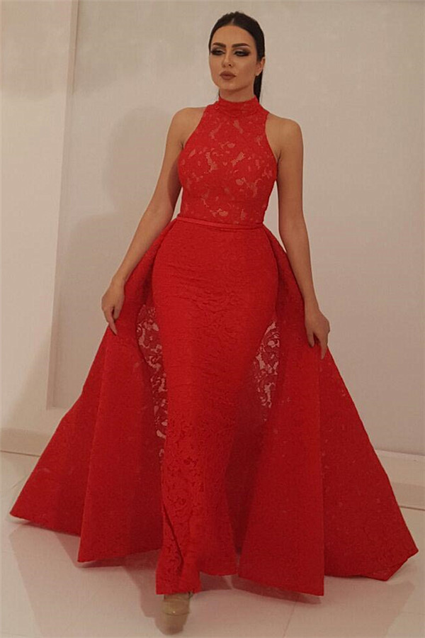 Fantastic High Neck Sleeveless Red Lace Prom Dress | Chic Mermaid Long Prom Dress with Detachable Skirt