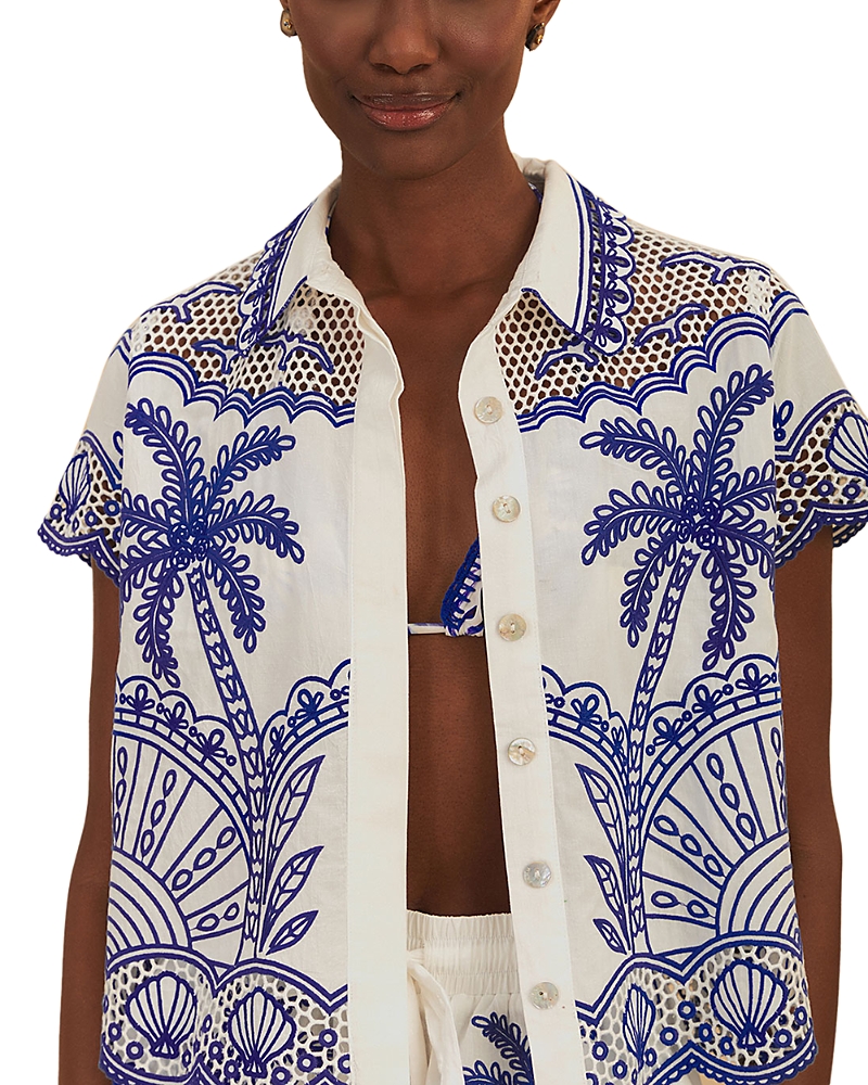 Farm Rio Blue Palm Trees Embroidered Shirt