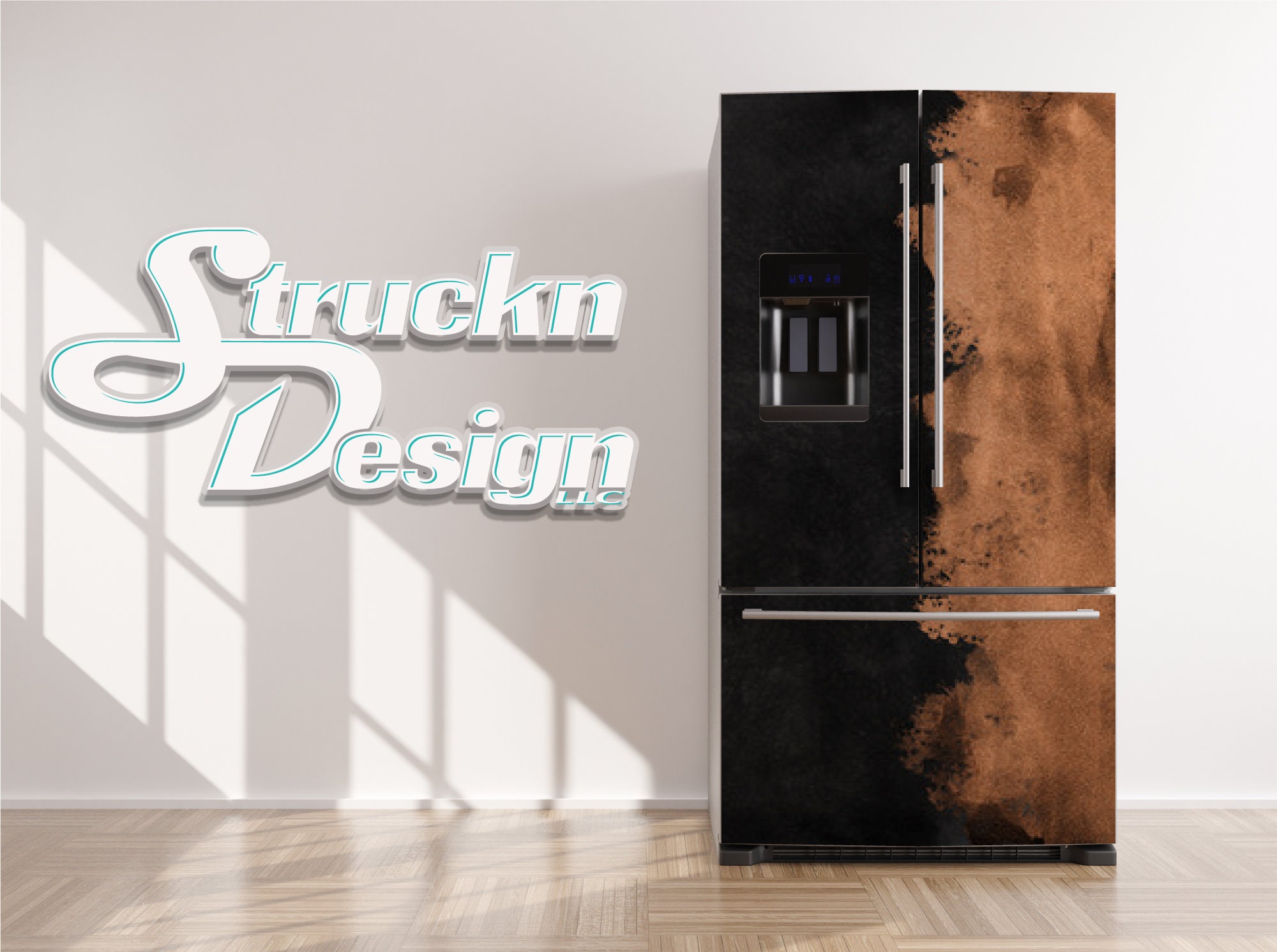 Farmhouse Two Tone Leather Black Copper Refrigerator Fridge Freezer Wrap Side By Top Bottom Door Vinyl Mural Skin Decal Removable