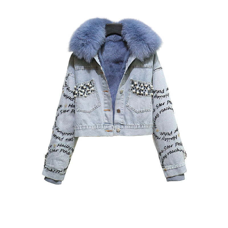 Fashion Denim Parka with Beaded Embroidery / Women's Jacket with Detachable Liner Real Fox Fur