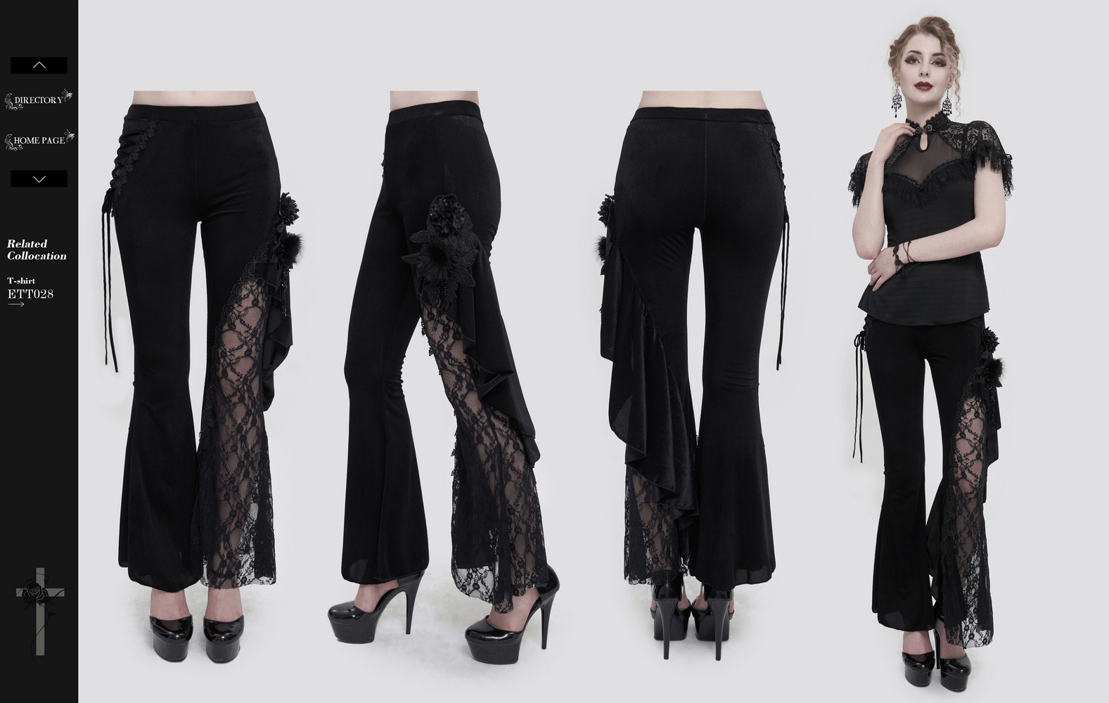 Fashion Lace Flower Flared Trousers For Women / Gothic Velvet Pants with Lace-up Accents on Side