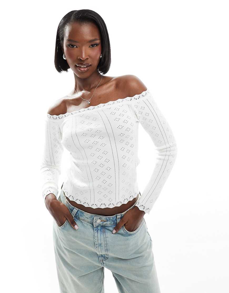 Fashionkilla pointelle lace trim bardot top in white