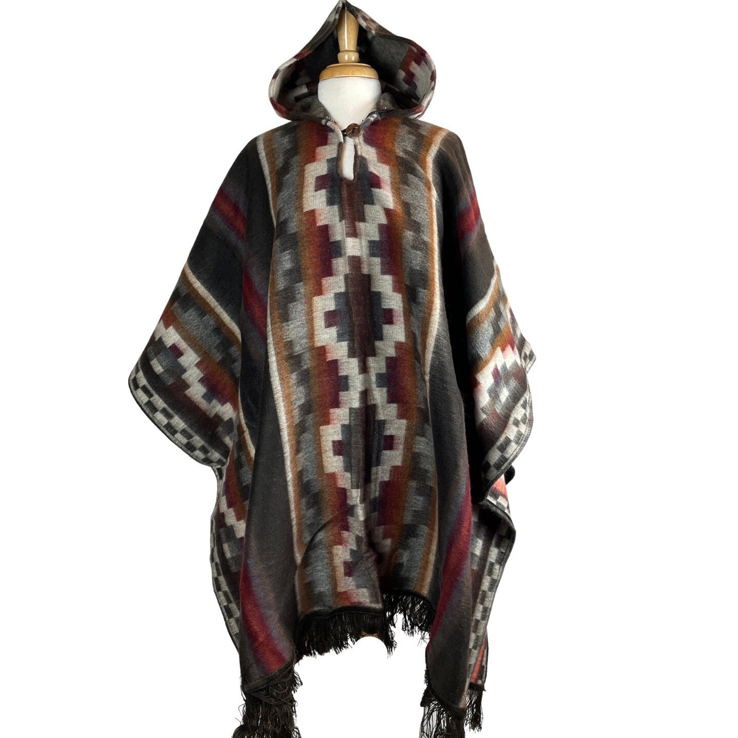 Fathers Day Gift Warm Hooded Alpaca Wool Poncho Cape, Coat For Women, Moca Beige Red