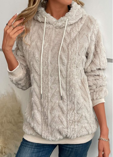 Faux Fur Beige Hooded Long Sleeve Sweatshirt