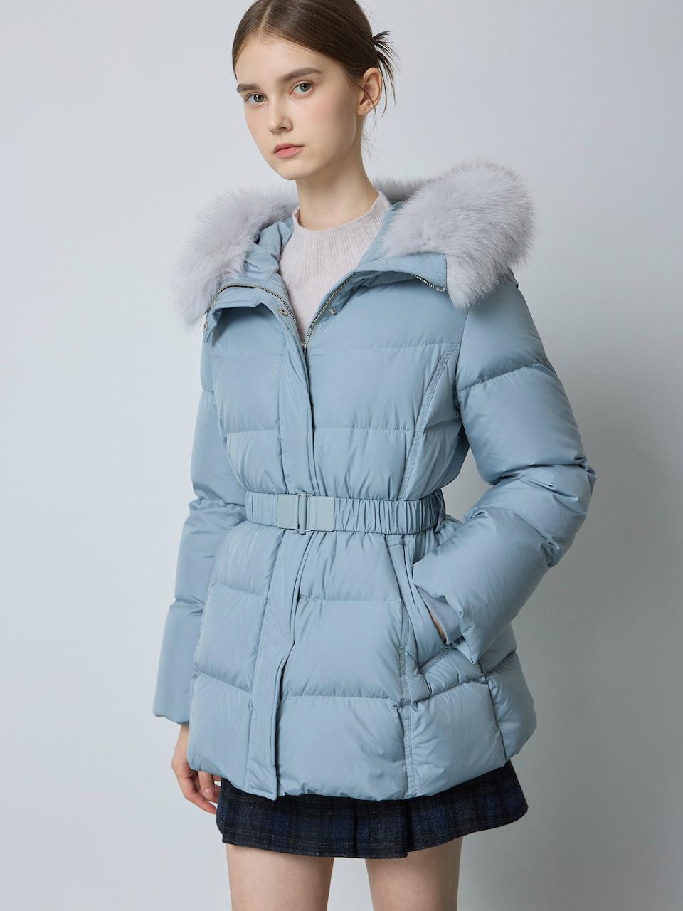 Faux Fur Belted Half Length Down Coat [Light Blue] (LB_C244PSG801)