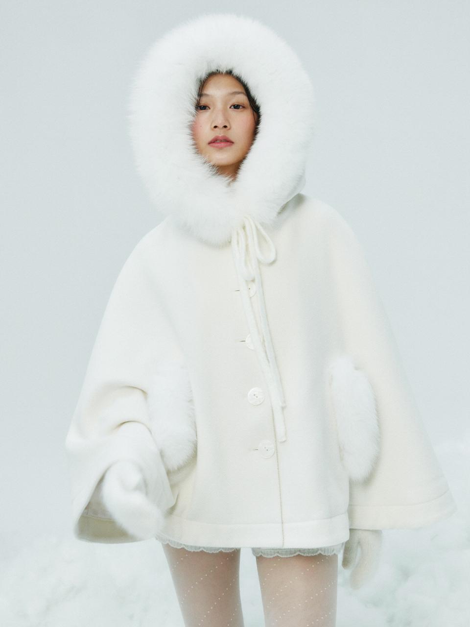 Faux Fur Diagonal Pattern Cape Coat [Ivory] (TT4W012IV)