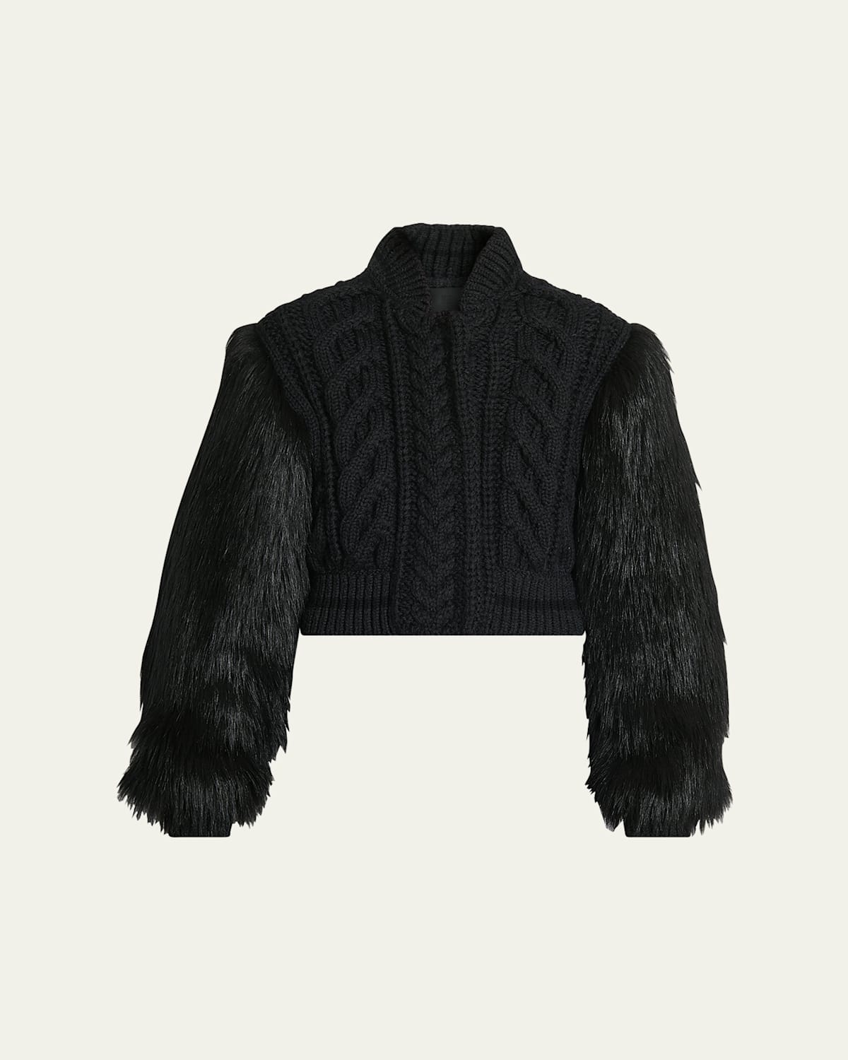 Faux Fur Sleeve Cable Wool Varsity Jacket