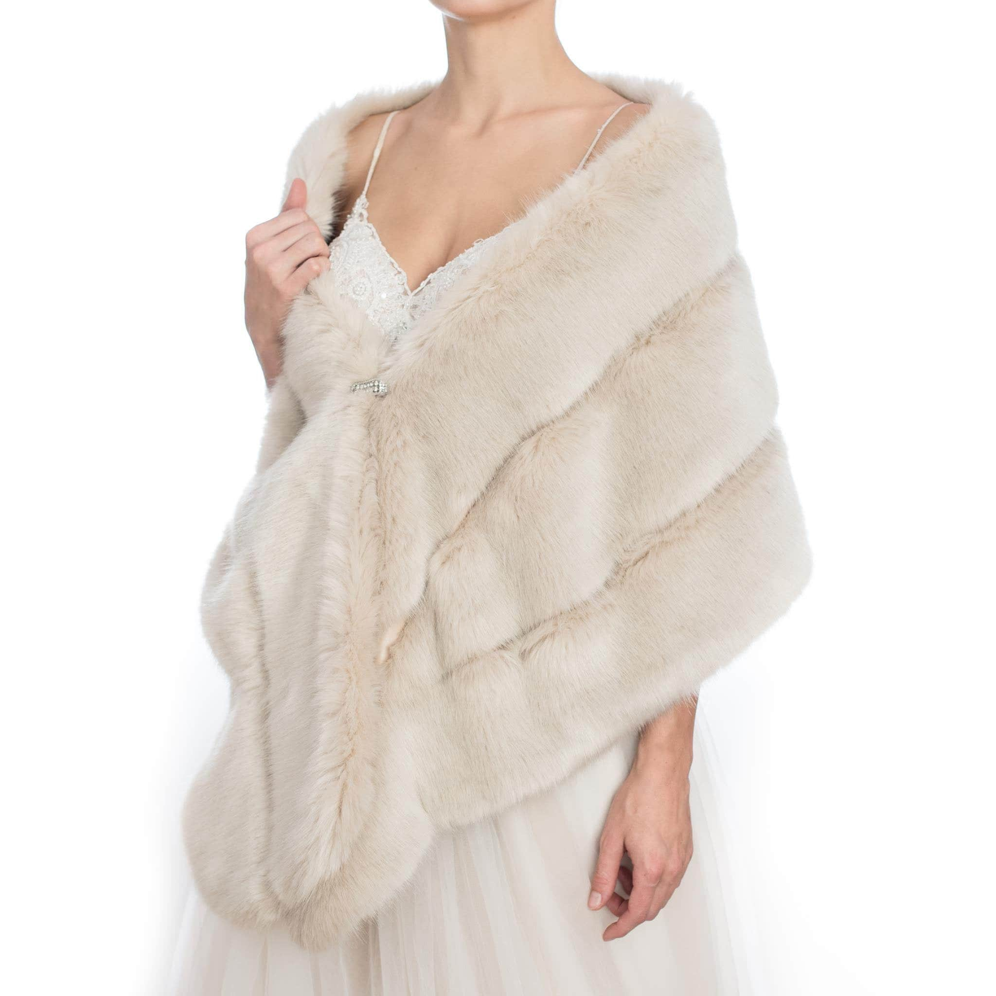 Faux Fur Wrap Stole Shawl Shrug in Mink Bridal Coat Evening Long Wedding Cover Up. Etola Z Norki Satynowa Podszewka