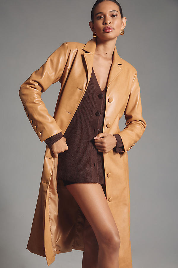 Faux Leather Belted Long Coat Jacket