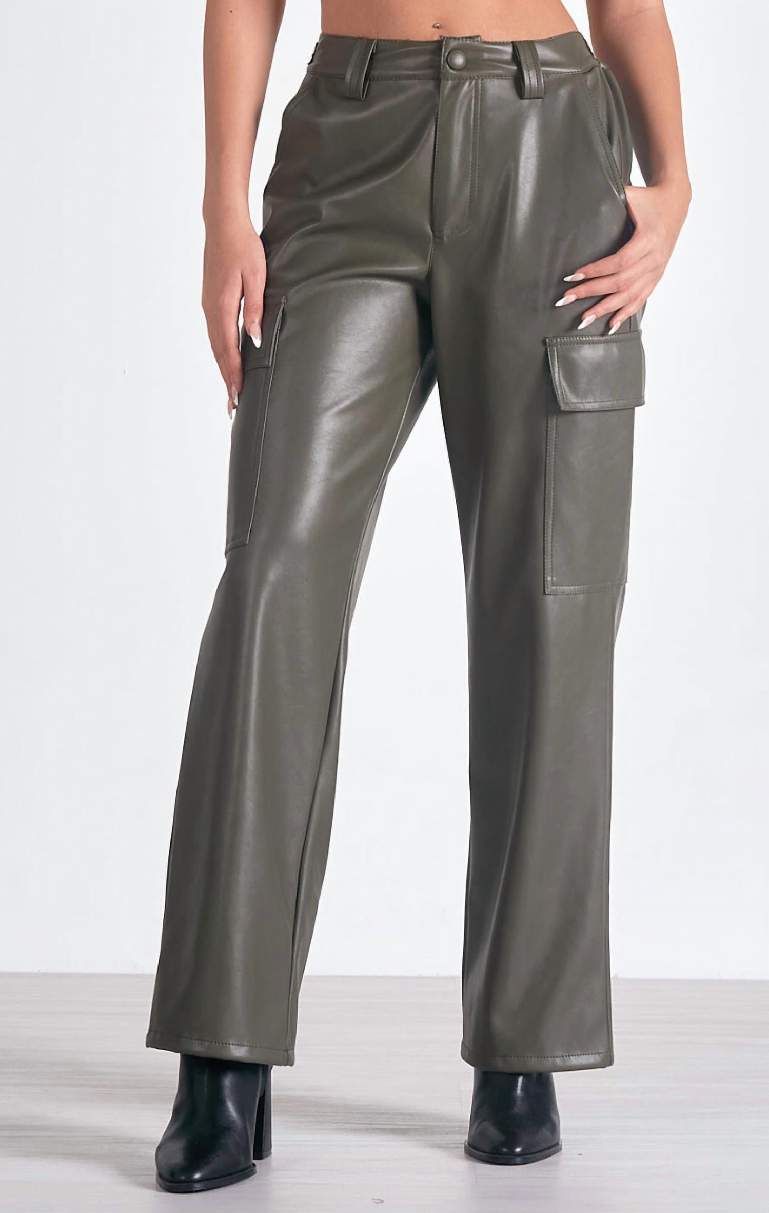 Faux Leather Cargo Pant In Olive